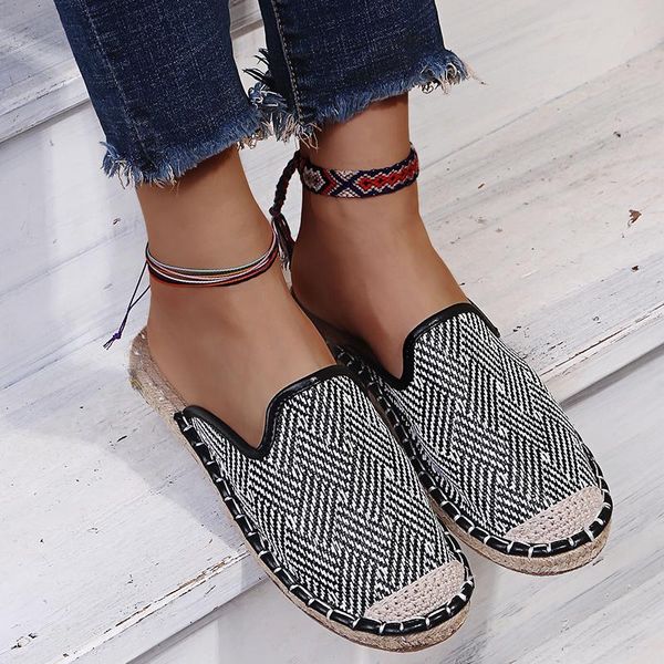 

sandals summer slippers ladies slip-on lazy round toe flat beach casual weave roman shoes zapatillas mujer, Black