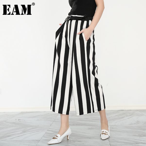 

[eam] high elastic waist black striped long wide leg trousers loose fit pants women fashion spring autumn jh36301 210512, Black;white