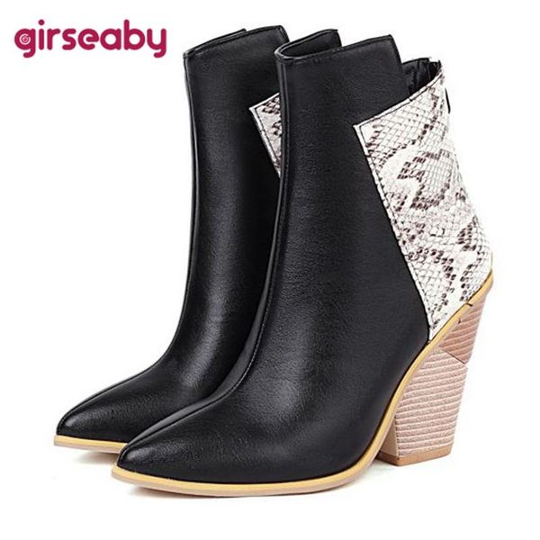 

boots girseaby cowboy ankle woman pointed toe wedge high heels club snakeskin zipper plus size 34-43 black brown blue s2661