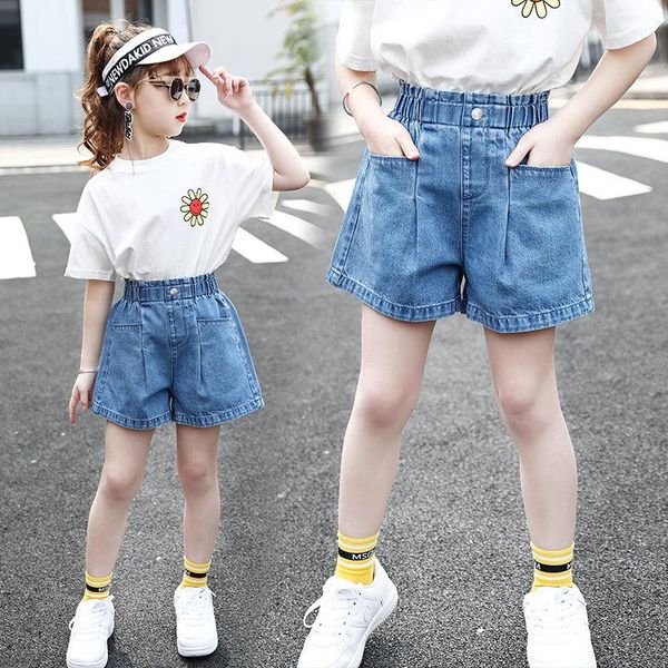 

teen girls shorts 5-14years old summer high waist elastic solid color cotton mini denim fashion children school casual clothes, Black