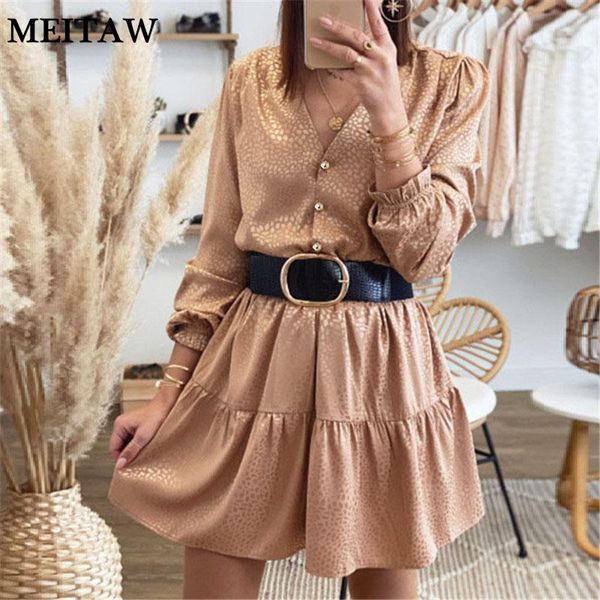 

vintage women high waist print mini dress v neck long sleeve satin 2021 autumn ruffles sashes party dresses casual, Black;gray