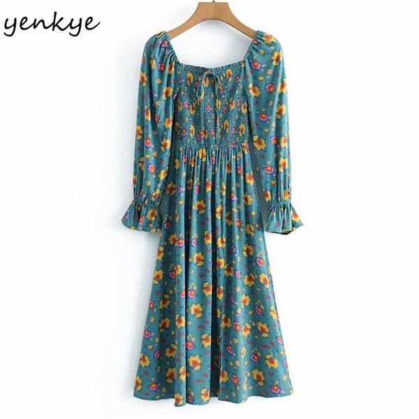 

vintage green floral print dress women square neck long sleeve a-line midi lady dresses holiday summer vestido 210514, Black;gray