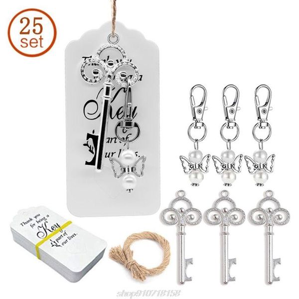 

party favor 25pcs/set key bottle opener angel wings keychain with tags wedding souvenirs gifts j16 21 dropship
