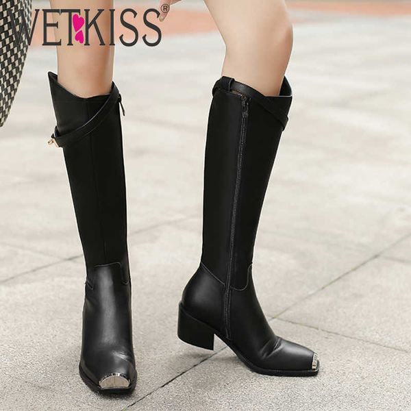 

wetkiss western boots women high heels metal boot female cow leather shoes ladies zip square toe shoes women winter 210630, Black