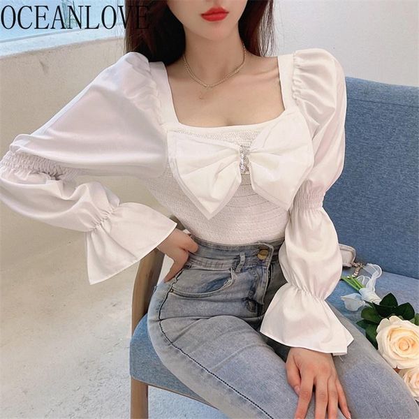 

women's blouses & shirts oceanlove women 2021 solid short flare sleeve square neck bow blusas feminina korean fashion ins vintage, White