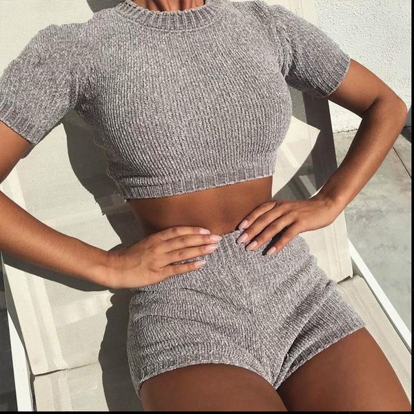 

summer women tracksuits 2 piece set party fashion knitted crop and shorts suit sweater two autumn winter outfits, Gray