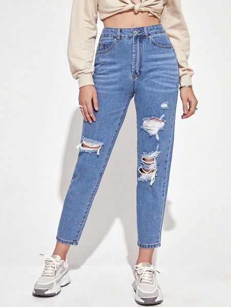

high waist destroyed mom jeans 23lh#, Blue