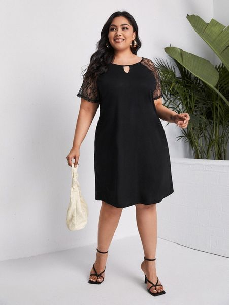 

plus keyhole neck lace raglan sleeve dress w8oo#, Black
