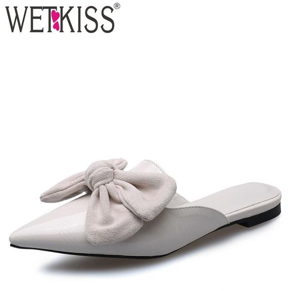 

slippers wetkiss patent pu woman pointed toe footwear slides butterfly knot shoes female fashion casual mules summer, Black