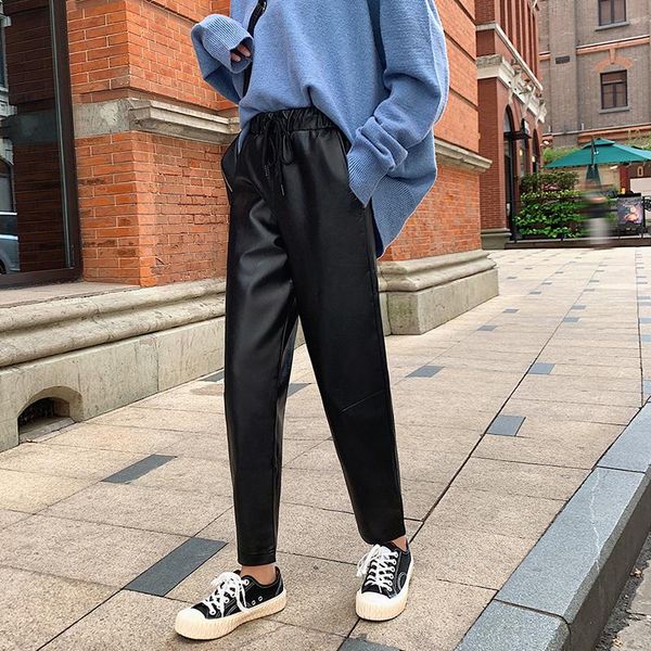 

women's pants & capris women autumn winter plus velvet leather casual loose black harem ankle length elastic waist 990e, Black;white