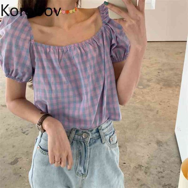 

korobov korean chic square collar plaid striped women blouses vintage elegant puff sleeve shirts summer crop shirt 210430, White