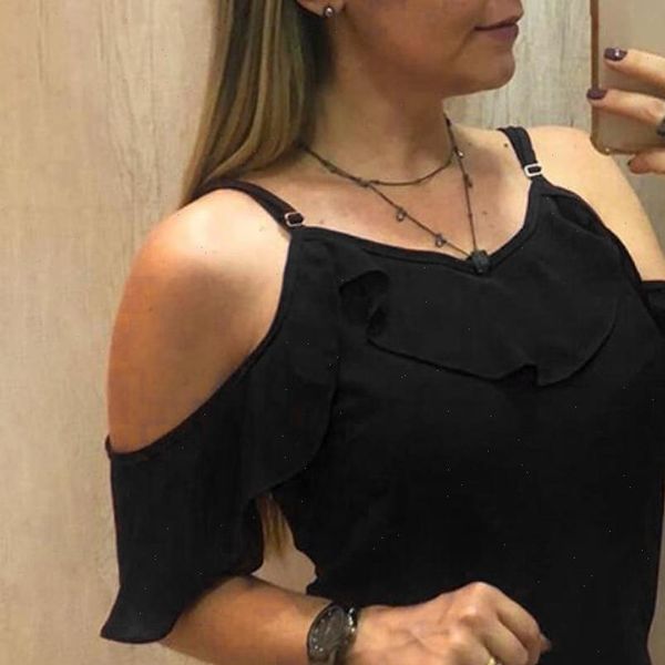 

fashion off shoulder summer solid womens shirt strappy ruffle casual chiffon and blusas mujer de moda, White