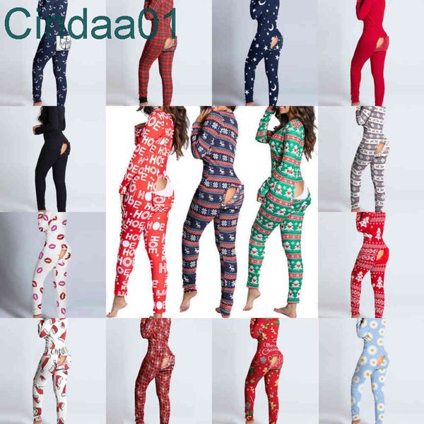 Mulheres Jumpsuits Designer Slim Outono Outono Inverno Botão Flip Adulto Pijamas Impresso Christmas Manga Longa Housewear Macacões 20 Cores