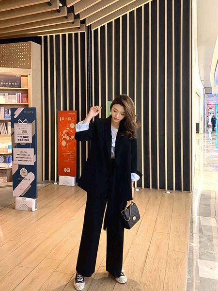 

women's two piece pants autumn office set women lace up blazer jacket high waist loose wide leg lady business suits l16j, White