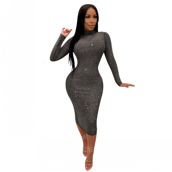 

gorgeous s rhinestones women party long sleeve high neck zipper back stunning nightclub bodycon es real pos, Black;gray