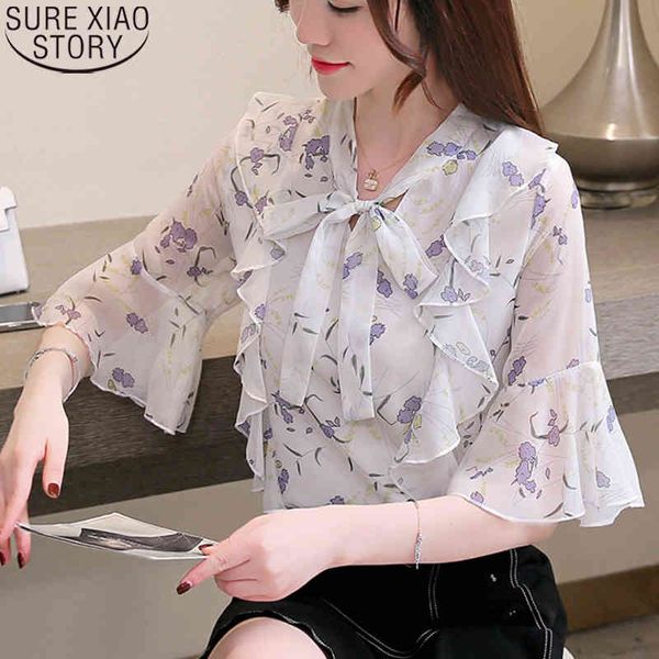 

summer fashion bow short sleeve sweet women ruffles plus size blouse blusas mujer de moda print chiffon shirts 9228 50 210417, White