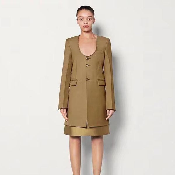 

women's trench coats 2021 autumn women above knee coat long sleeve gold button wool female slim fit casual suit, Tan;black