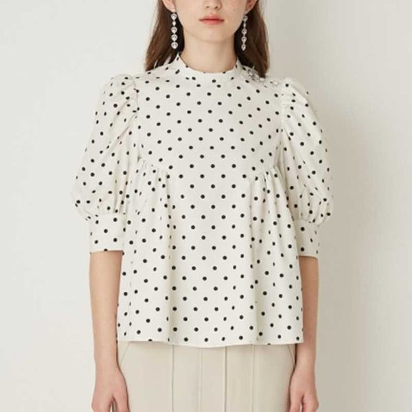 

simple stand collar puff half sleeve shoulder button shirts sweet japan style polka dot blouse women all match blusas mujer moda 210525, White