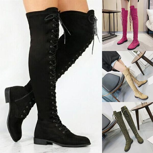 

boots ladies lace-up over the knee womens plus size shoes for women motorcycle winter punk, Black
