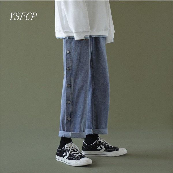 

jeans women's volleyball button loose straight pants trend hong kong style student's nine point, Blue