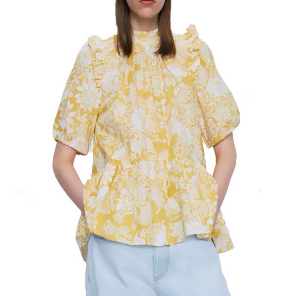 

women's blouses & shirts fashion printed summer blouse women back opening drape female chic ruffled short sleeve turtleneck shirt blus, White