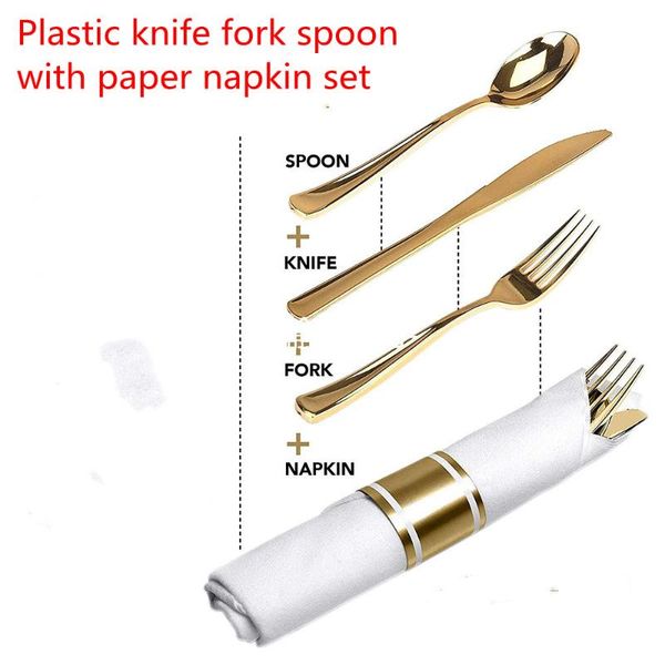 

disposable tableware wedding cutlery, plastic gold knife fork spoon with paper napkin set, table decor, party christams supplies dinnerware