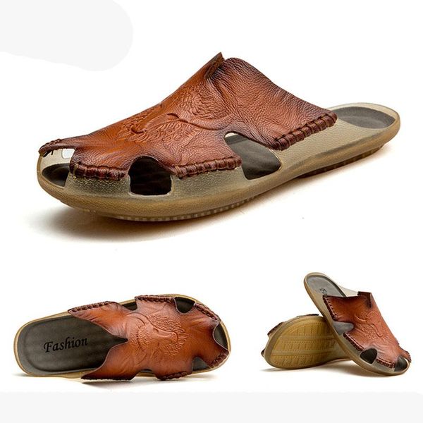 

slippers big size 38-48 handmade 2021 men summer shoes hollow funny leather flats outdoor breathable casual slides beach sandal, Black