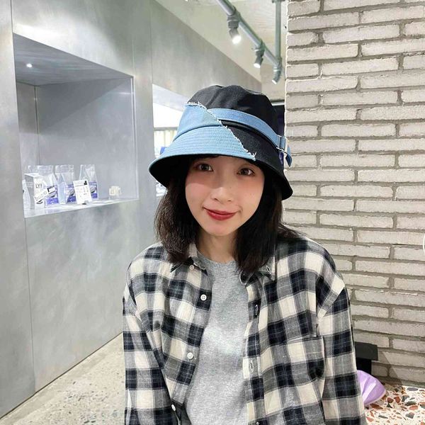 

south korean spring designer new asymmetric design two kinds of fabric splicing cowboy fisherman hat sunshade hat, Blue;gray