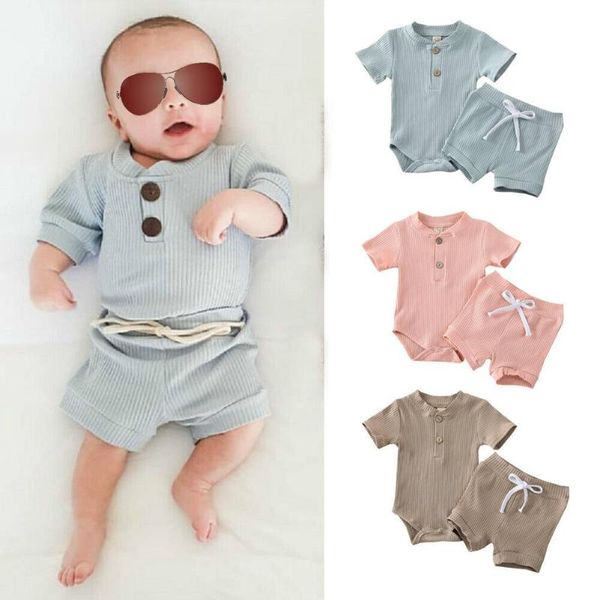 

clothing sets 2pcs born kids baby boy girl clothes set short sleeve bodysuit and shorts ribbed solid outfits 6-24 months, White