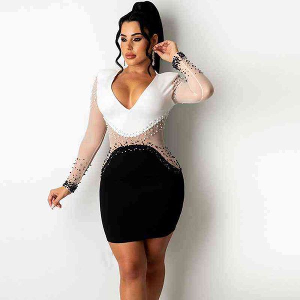 

sheer mesh patchwork see through tight bodycon dress women long sleeve bead mini club party elegant christmas 211115, Black;gray