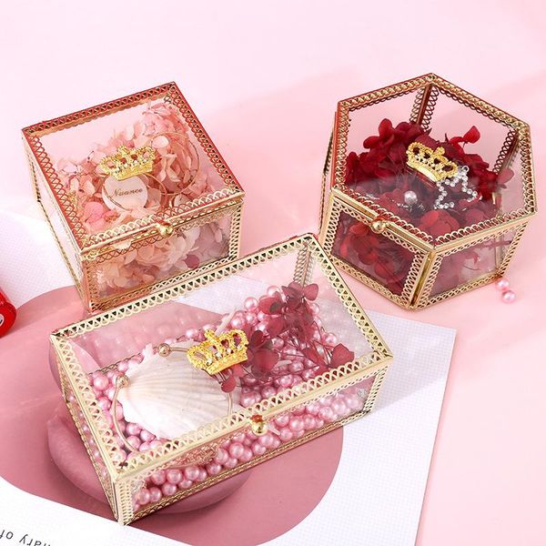 

crown storage box glass cosmetics princess jewelry polygonal gift ring exquisite wrap