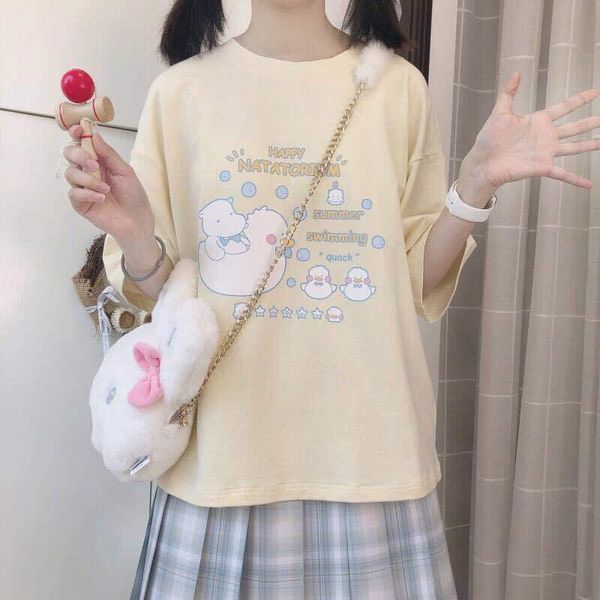 

women's t-shirt japanese gothic cartoon letter duck fashion print harajuku cute casual sweet short-sleeved ulzzang bf vintage loose, White
