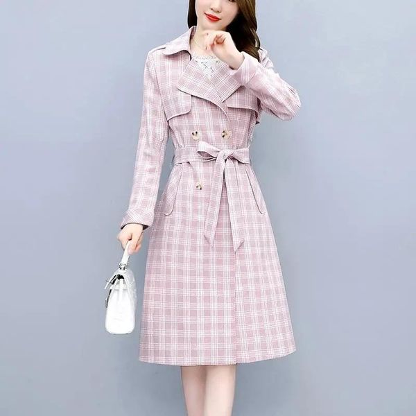 

women's wool & blends 2021 autumn korean fashion long-sleeved double-breasted suit collar plaid mid-length windbreaker jacket, Black