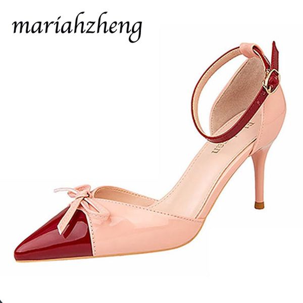 

meriahzheng bowknot high-heeled shoes shallow mouth patent leather color-matching pointed hollowed out female sandals zwm-899-32, Black