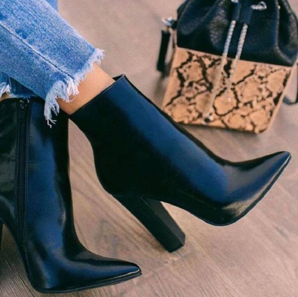 

boots women ankle black pu leather autumn winter ladies shoes pointed toe chunky high heels punk zapatos mujer