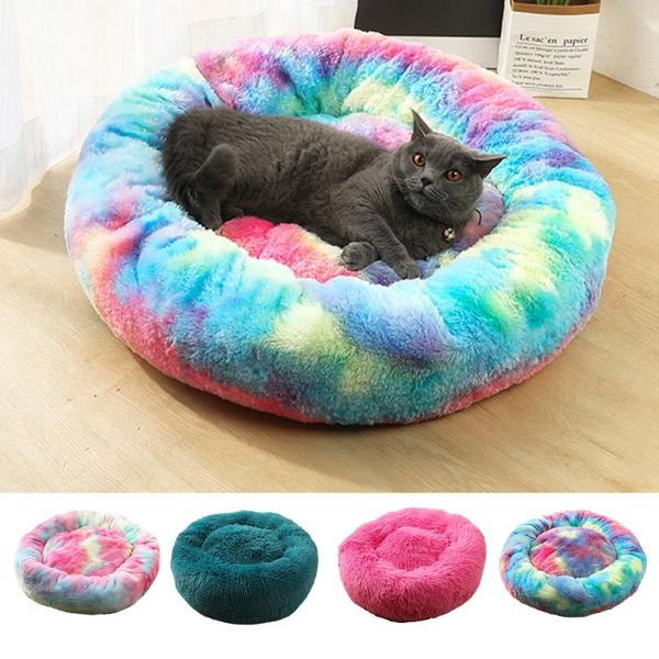 

round soft long plush pet bed house pad for small cat dog nest winter warm sleeping mat cushion 40/50/60/70/80cm kennels & pens