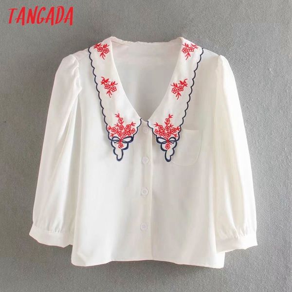 

women retro flowers print statement collar chic female short blouse shirt 3d44 210416, White