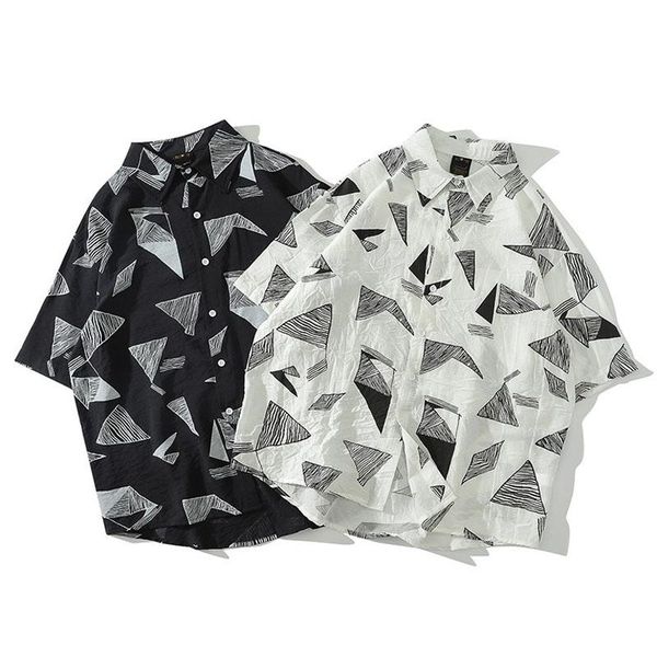 

men's casual shirts men shirt short sleeve black white 2021 arrival summer loose geometric patterns male thin student korean style s75, White;black