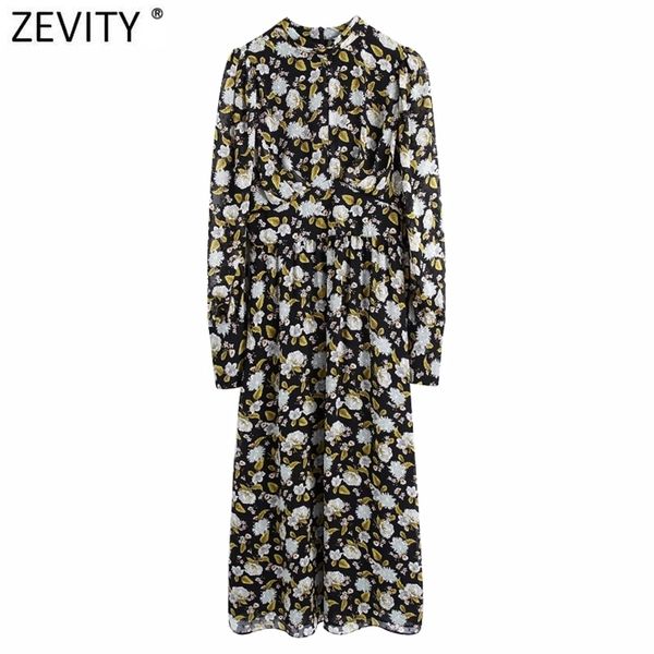 

women vintage stand collar flower print casual slim midi dress female puff sleeve pleats party a line vestido ds4670 210420, Black;gray