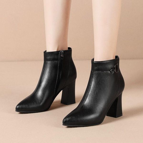 

boots 2021 winter woman high heels pointed toe dress shoes black ankle boot square ladies bigh botas mujer 8709g