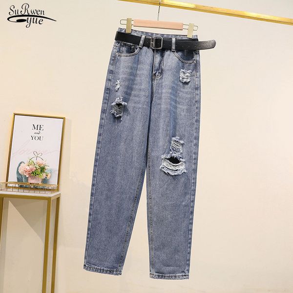 

pantalon women high street denim jeans casual waist loose female pants autumn ladies harem trousers 10824 210521, Blue