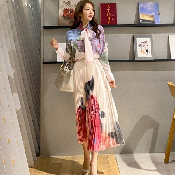

[ewq] spring autumn new high-quality pleated skirt bow tie printed shirt high waist women skirt party leisure 2 piece set 210423, White