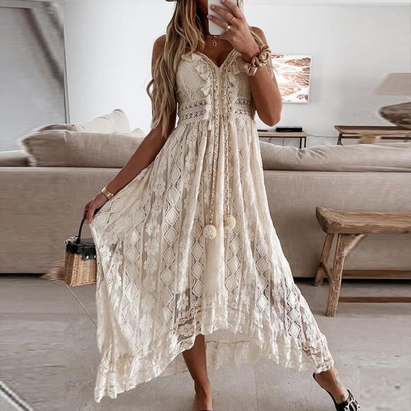 

elegant deep v neck women dress solid a line party sleeveless lace tassel ladies summer beach style, Black;gray