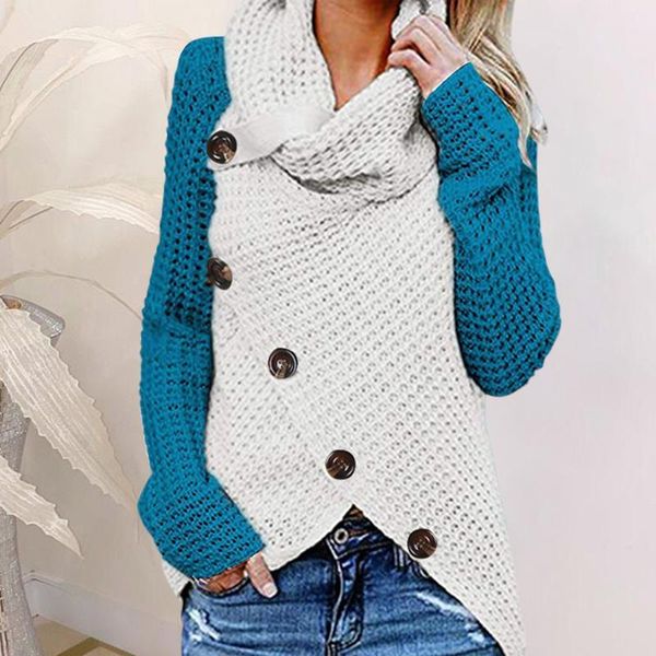 

women's sweaters women autumn long sleeve chunky knit sweater turtle cowl neck button decor pullover tunic color block striped hem wrap, White;black