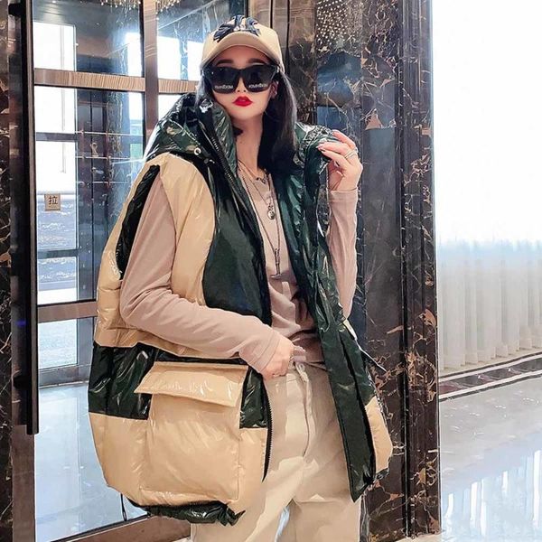 

women's vests winter women vest sleeveless jacket hooded coat fashion patchwork down cotton jackets loose thick warm waistcoat, Black;white