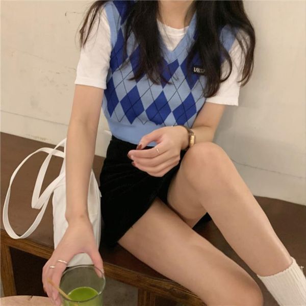

v neck vintage argyle sweater womens tank vest summer sleeveless plaid knitted crop sweaters casual preppy style y2k, White
