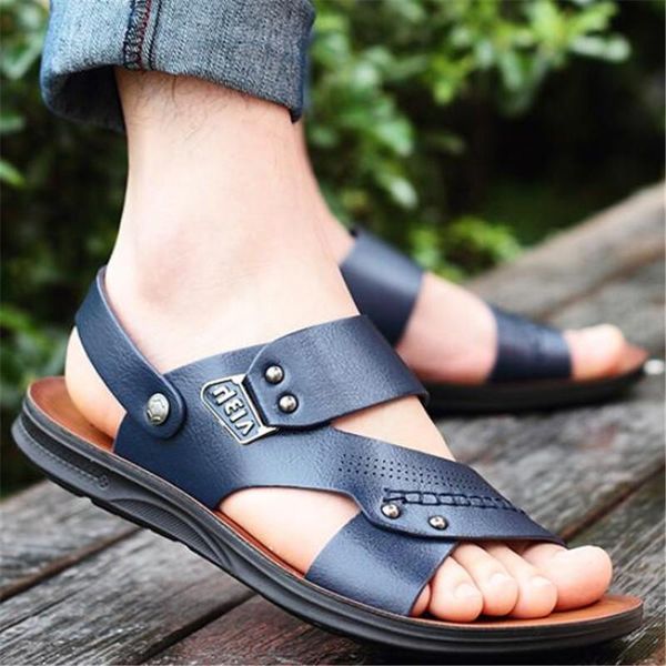 

sandals summer men's dual-use leather men 100% slippers mens casual beach shoes tide, Black