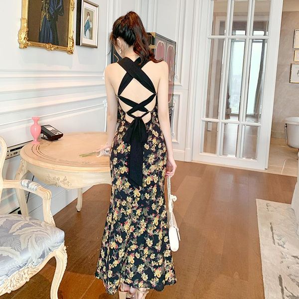

casual dresses french styles print floral vintage plus size dress ladies flower sundresses women off shoulder backless slip long bandage, Black;gray
