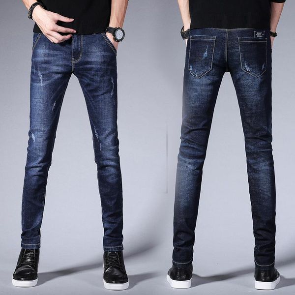 

men's jeans 2021 slim small feet black tide brand winter trousers high-end autumn and models, Blue