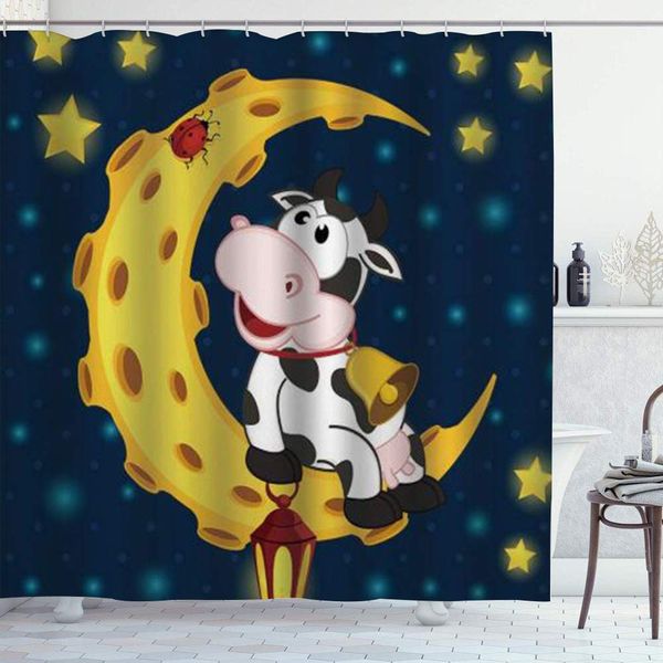 

shower curtain set with 12 hooks,cow and ladybug on moon stars lantern,machine washable,72" x 72"